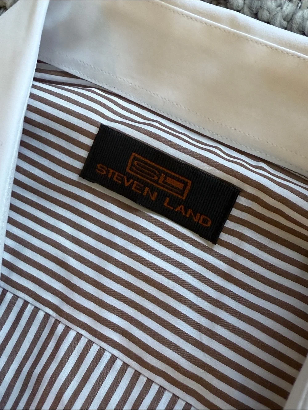 Men's Striped Dress Shirt with White Contrast Collar